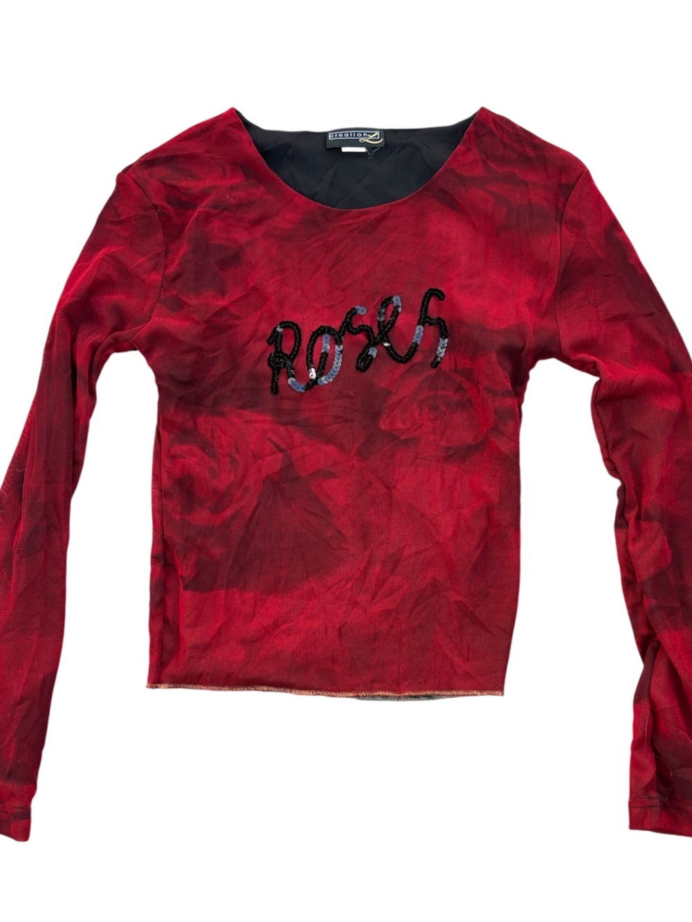 Y2K Layered Mesh Long Sleeve Top Sequins Red Black Euro